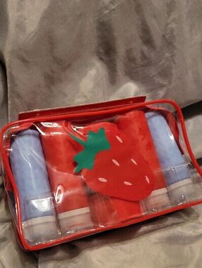 Dabney Lee Strawberry Travel Pouch with Tsa Compliant Silicone Bottles And Jars